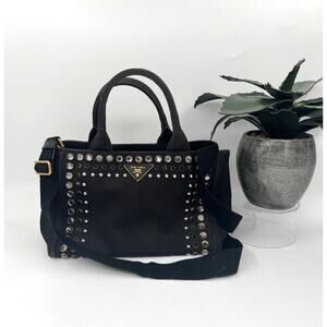Prada Canapa Studded Black Canvas Tote Bag‎ with Strap crystals